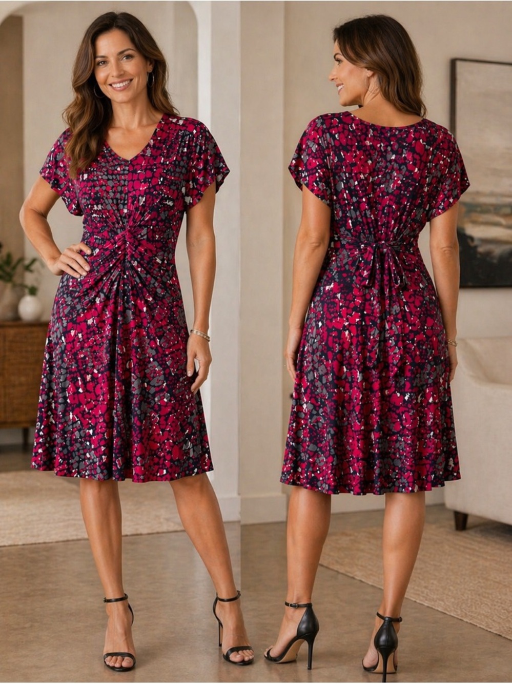 Marc Bouwer reptile snake print wrap style dress red black dolman short sleeve M